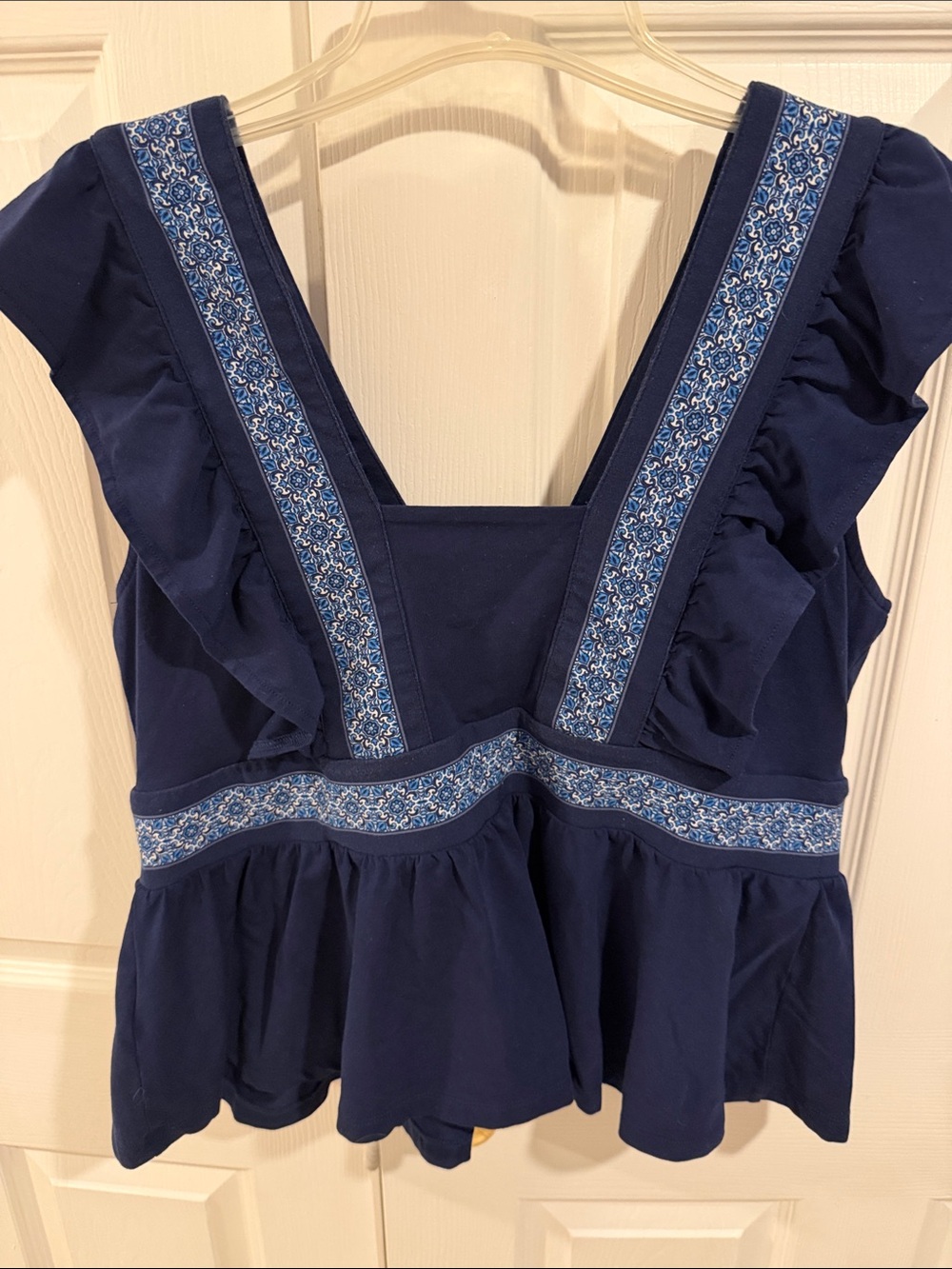 Lands' End Navy Blue Ruffle Peplum Camisole with Light Blue Embroidered Trim.